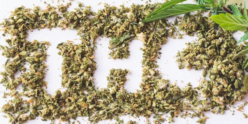 The letters THC spelled out using ground up cannabis