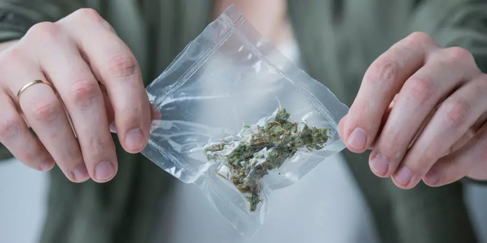 A woman's hands holding a smell-proof container of marijuana.