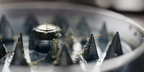 close up of teeth of a manual weed grinder